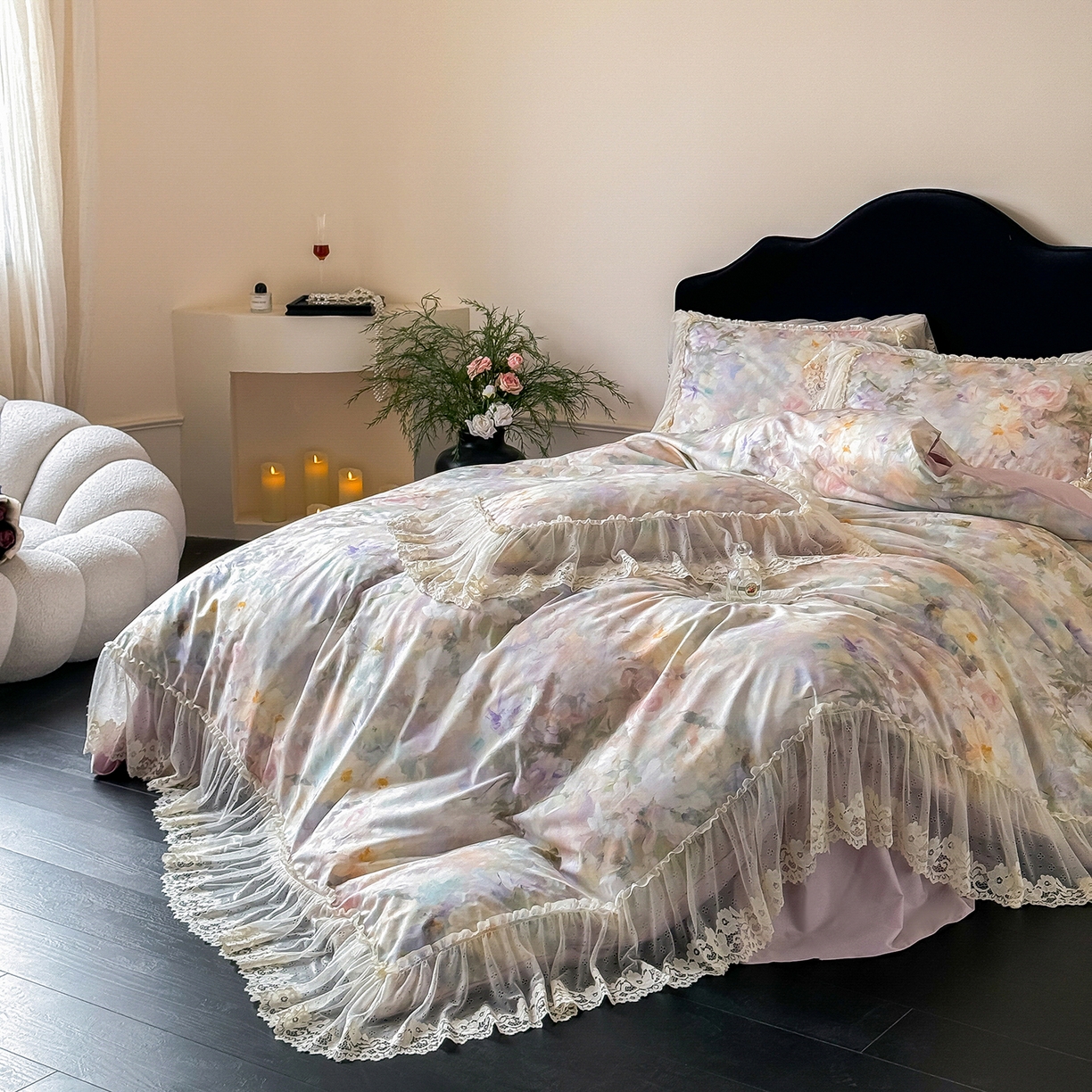 91家纺网 家纺一手货源 找家纺 （总）惯盈家纺 2026新款数码印花法式蕾丝床裙款全棉四件套-初夏（含买家秀）