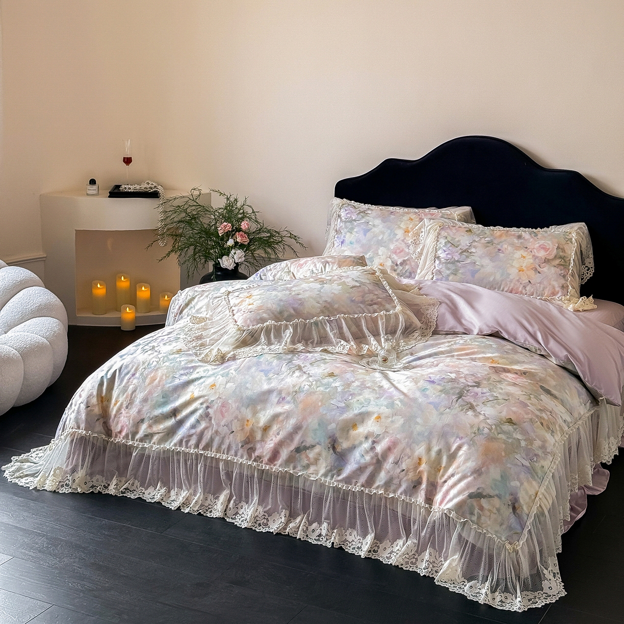 91家纺网 家纺一手货源 找家纺 （总）惯盈家纺 2026新款数码印花法式蕾丝床裙款全棉四件套-初夏（含买家秀）