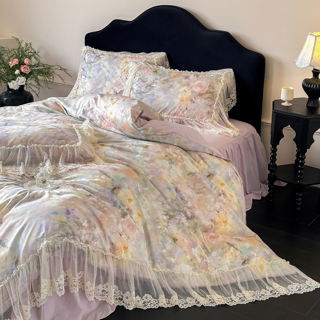 91家纺网 家纺一手货源 找家纺 （总）惯盈家纺 2026新款数码印花法式蕾丝床裙款全棉四件套-初夏（含买家秀）