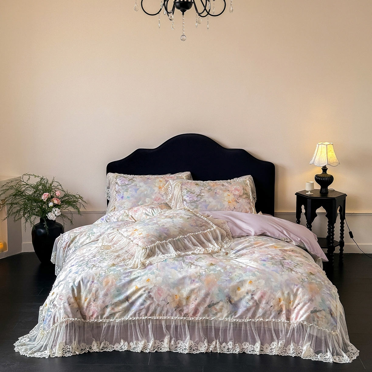 91家纺网 家纺一手货源 找家纺 （总）惯盈家纺 2026新款数码印花法式蕾丝床裙款全棉四件套-初夏（含买家秀）