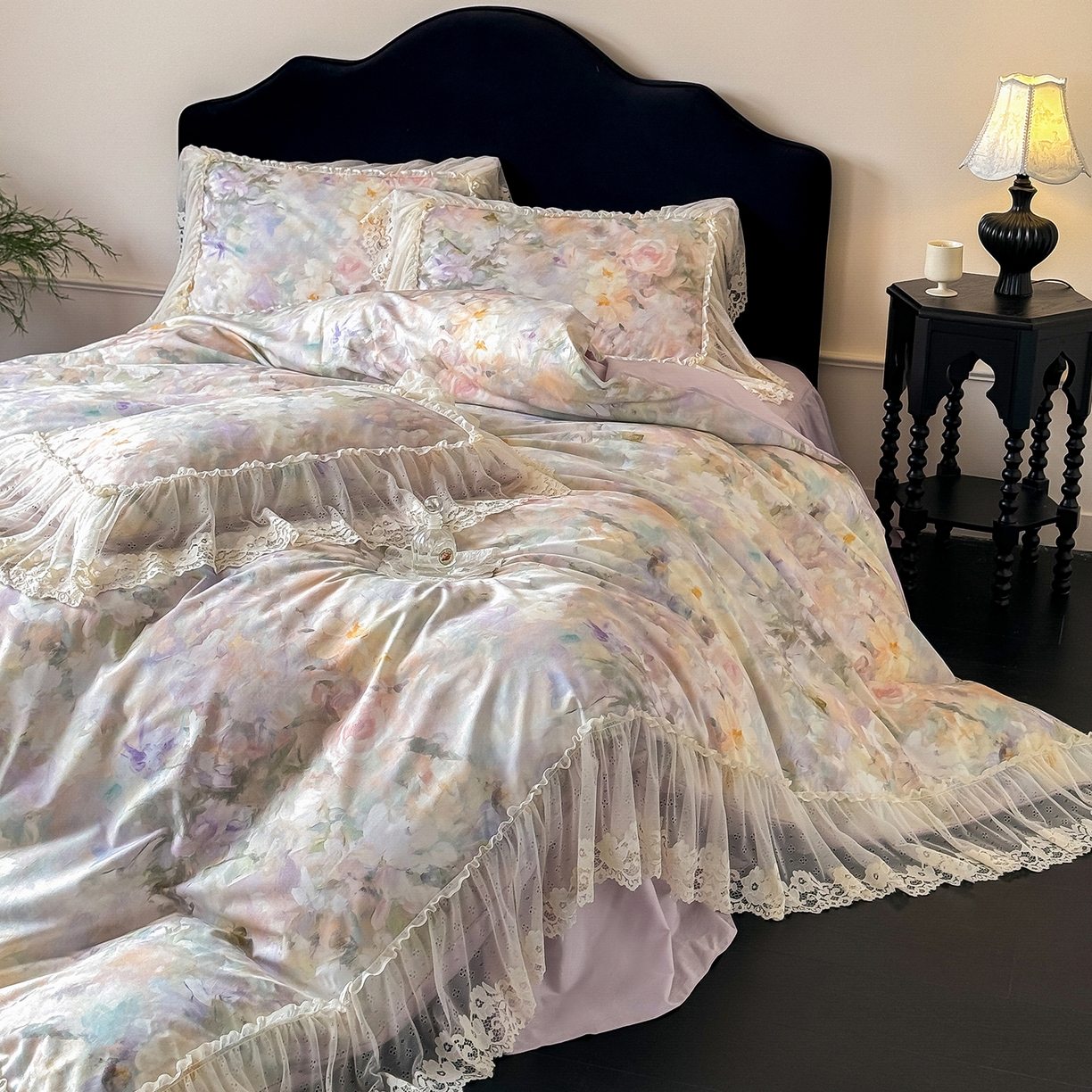 91家纺网 家纺一手货源 找家纺 （总）惯盈家纺 2026新款数码印花法式蕾丝床裙款全棉四件套-初夏（含买家秀）