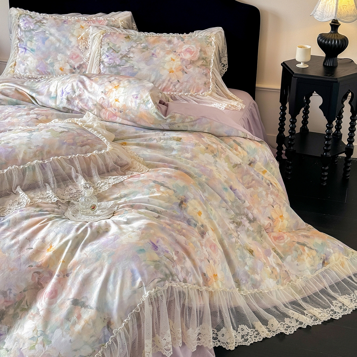 91家纺网 家纺一手货源 找家纺 （总）惯盈家纺 2026新款数码印花法式蕾丝床裙款全棉四件套-初夏（含买家秀）