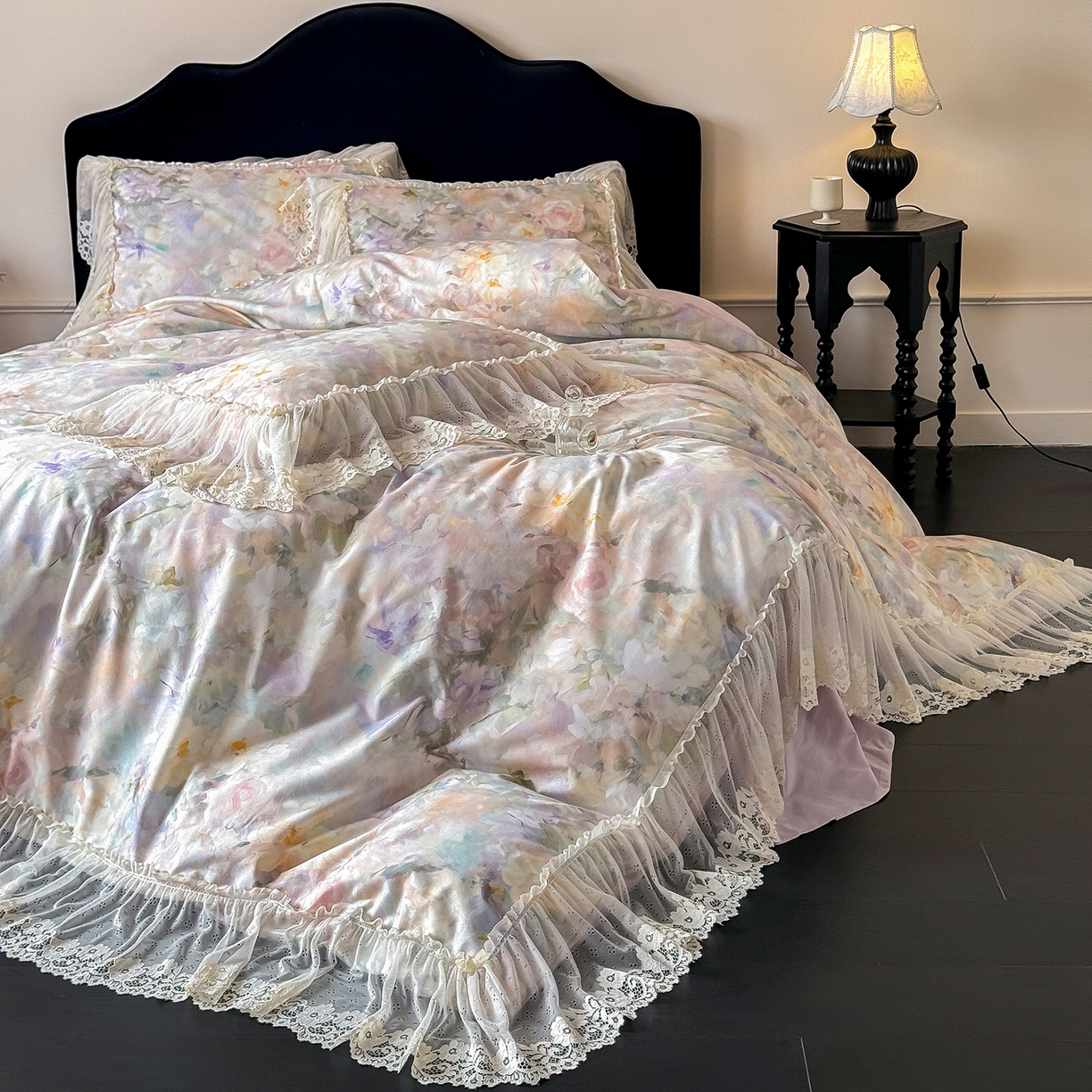 91家纺网 家纺一手货源 找家纺 （总）惯盈家纺 2026新款数码印花法式蕾丝床裙款全棉四件套-初夏（含买家秀）