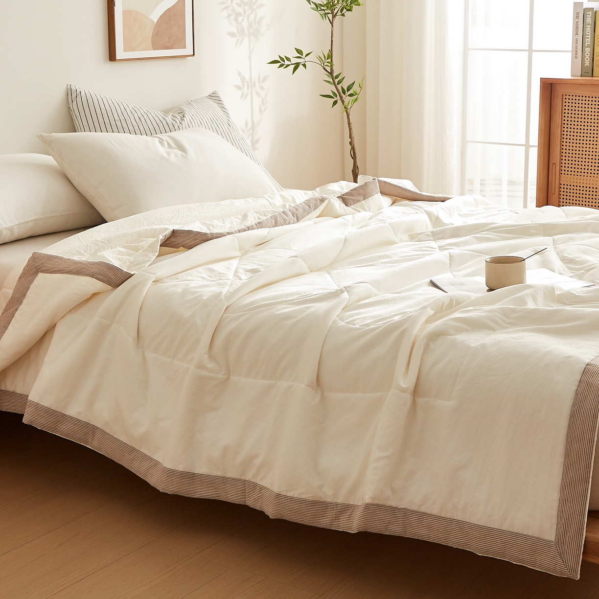 91家纺网 家纺一手货源 找家纺 （总）格子铺 2026新款亲肤水洗棉棉花条纹包边夏被