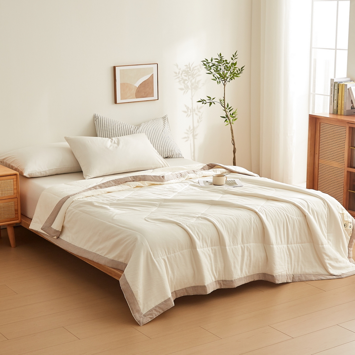 91家纺网 家纺一手货源 找家纺 （总）格子铺 2026新款亲肤水洗棉棉花条纹包边夏被