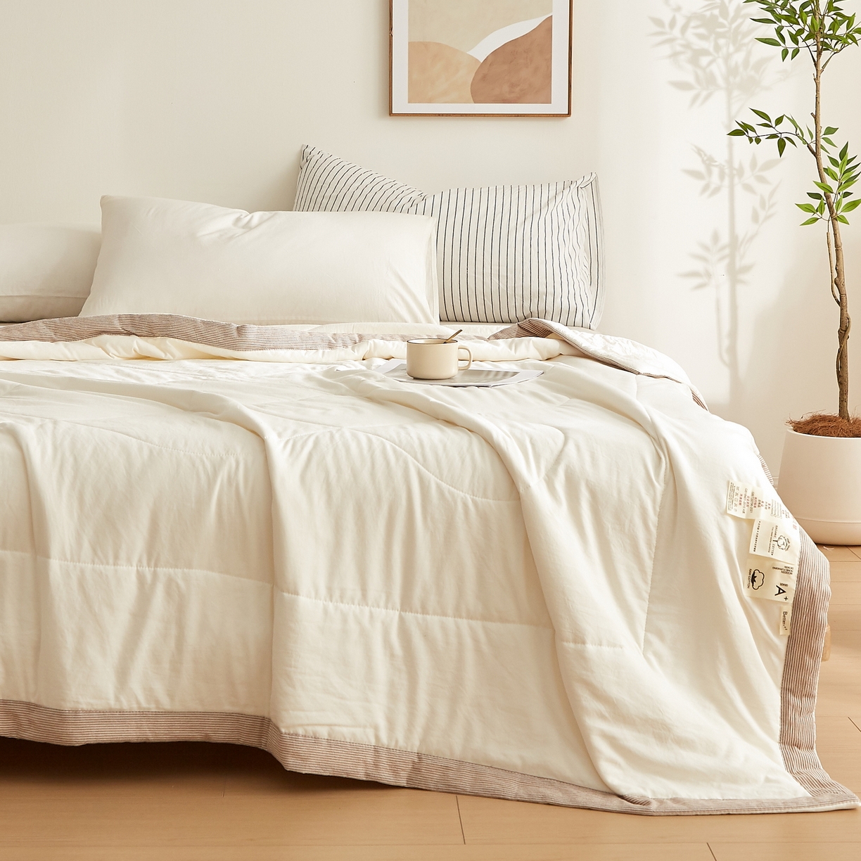 91家纺网 家纺一手货源 找家纺 （总）格子铺 2026新款亲肤水洗棉棉花条纹包边夏被