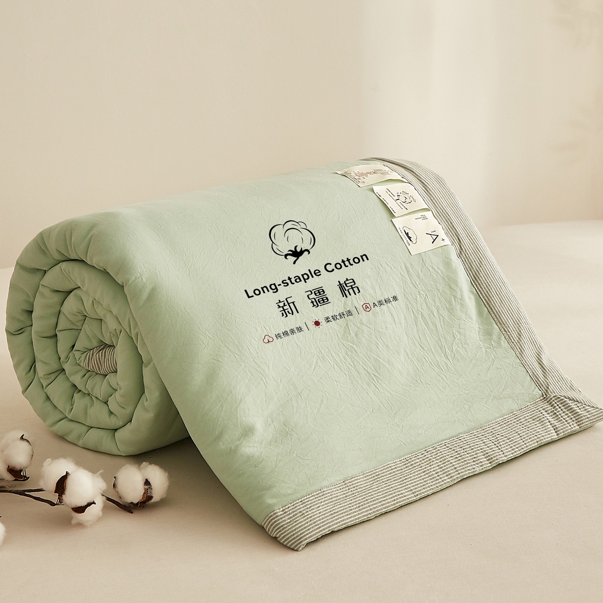 91家纺网 家纺一手货源 找家纺 格子铺 2026新款亲肤水洗棉棉花条纹包边夏被 松绿