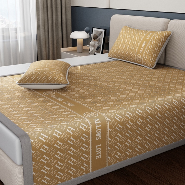 91家纺网 家纺一手货源 找家纺 好福居 2026新款A类冰感抑菌印花冰丝席凉席-床笠款-床席款 咖H-床席款