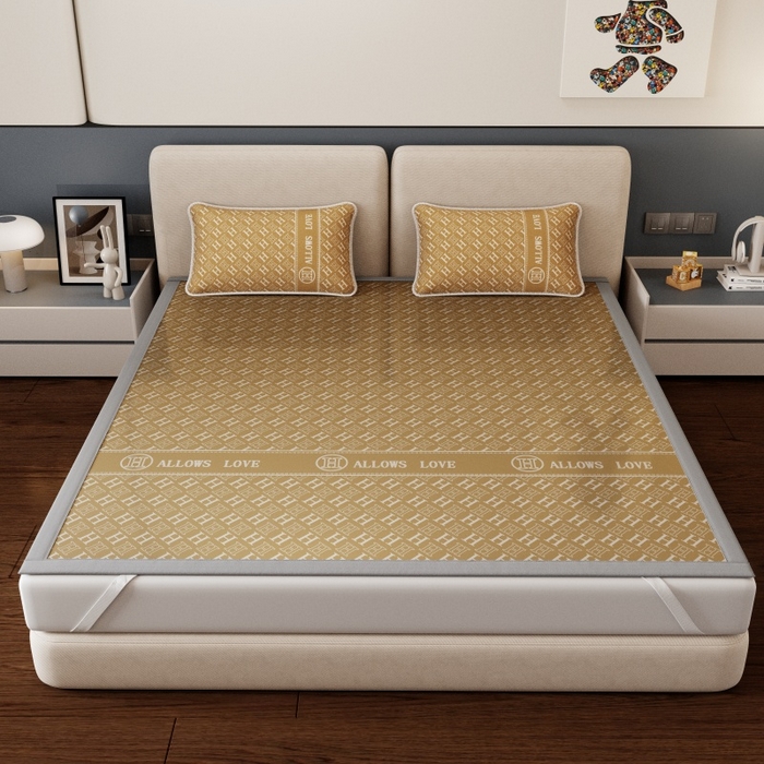 91家纺网 家纺一手货源 找家纺 好福居 2026新款A类冰感抑菌印花冰丝席凉席-床笠款-床席款 咖H-床席款