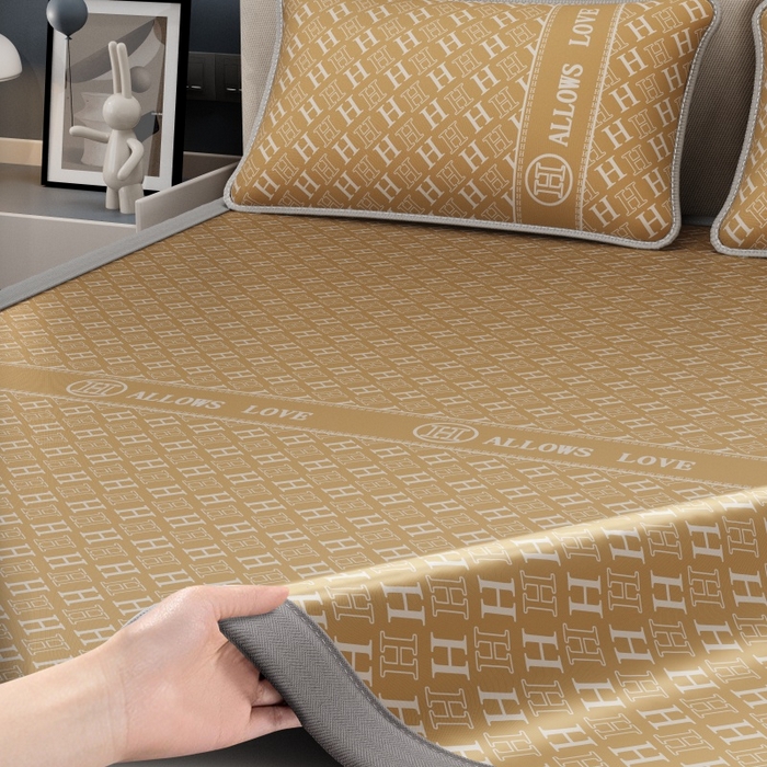 91家纺网 家纺一手货源 找家纺 好福居 2026新款A类冰感抑菌印花冰丝席凉席-床笠款-床席款 咖H-床席款