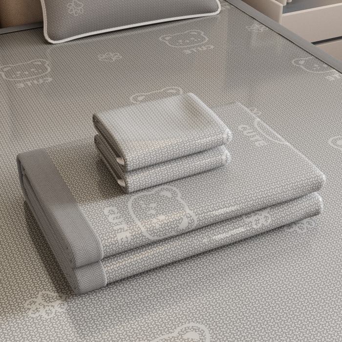 91家纺网 家纺一手货源 找家纺 好福居 2026新款A类冰感抑菌印花冰丝席凉席-床笠款-床席款 开心小熊灰-床席款