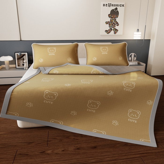 91家纺网 家纺一手货源 找家纺 好福居 2026新款A类冰感抑菌印花冰丝席凉席-床笠款-床席款 开心小熊咖-床席款