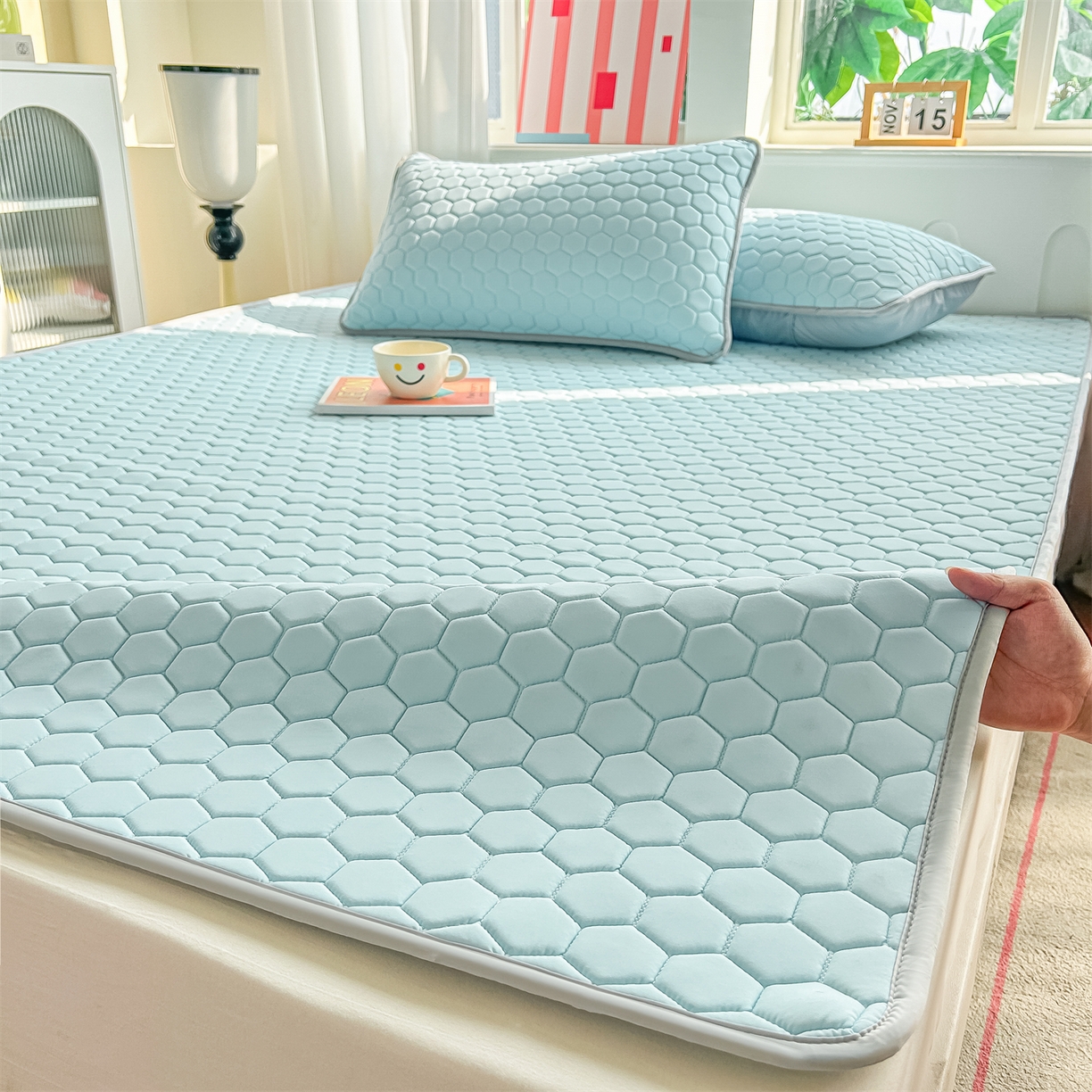 爱宝被业 2026新款硅胶凉席席子凉席三件套 清新蓝