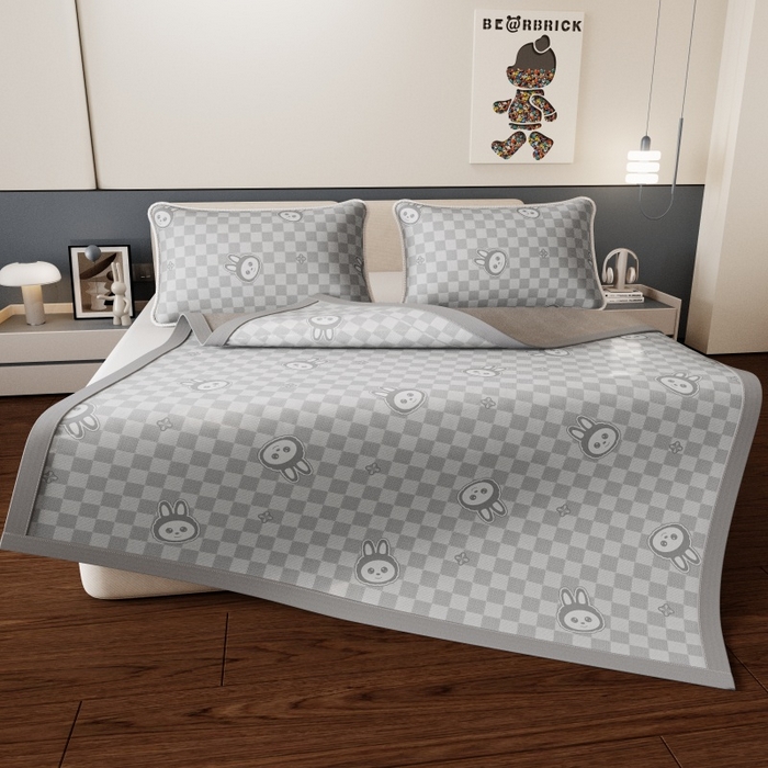 91家纺网 家纺一手货源 找家纺 好福居 2026新款A类冰感抑菌印花冰丝席凉席-床笠款-床席款 拉布布灰-床席款