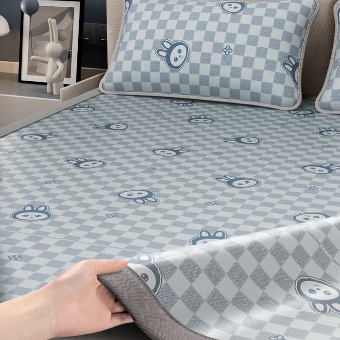 91家纺网 家纺一手货源 找家纺 好福居 2026新款A类冰感抑菌印花冰丝席凉席-床笠款-床席款 拉布布蓝-床席款