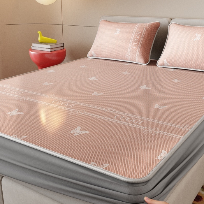 91家纺网 家纺一手货源 找家纺 好福居 2026新款A类冰感抑菌印花冰丝席凉席-床笠款-床席款 蝴蝶粉-床笠款