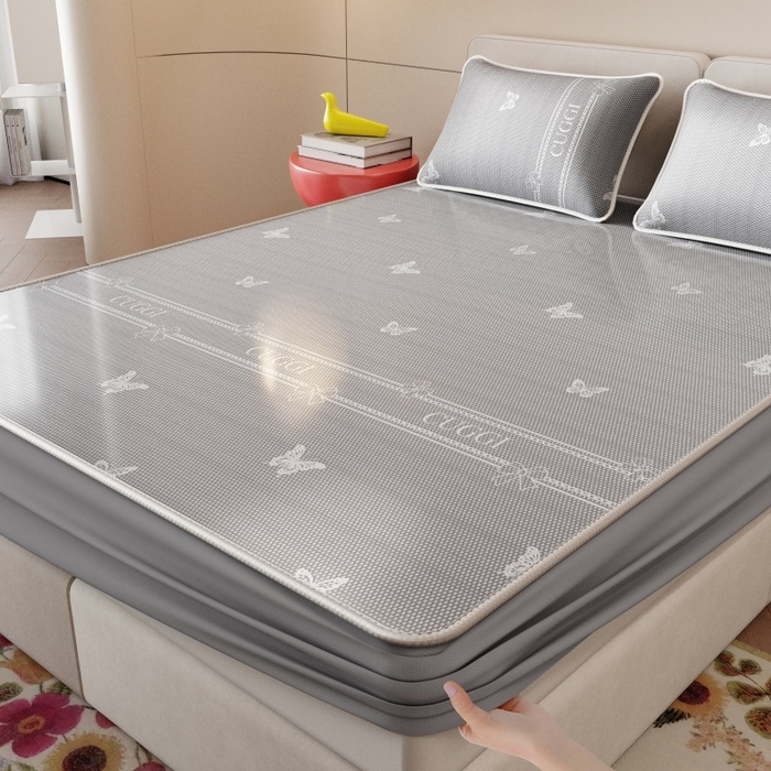 好福居 2026新款A类冰感抑菌印花冰丝席凉席-床笠款-床席款 蝴蝶灰-床笠款