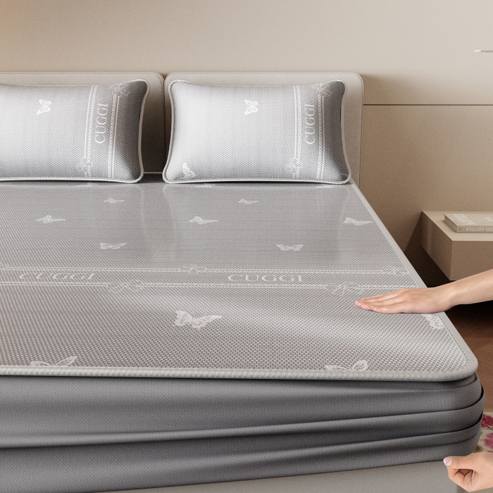 91家纺网 家纺一手货源 找家纺 好福居 2026新款A类冰感抑菌印花冰丝席凉席-床笠款-床席款 蝴蝶灰-床笠款