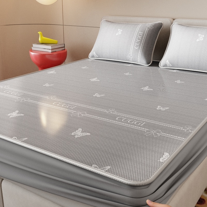 91家纺网 家纺一手货源 找家纺 好福居 2026新款A类冰感抑菌印花冰丝席凉席-床笠款-床席款 蝴蝶灰-床笠款