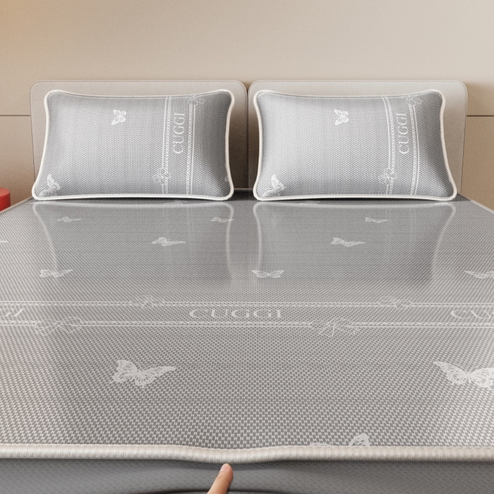 91家纺网 家纺一手货源 找家纺 好福居 2026新款A类冰感抑菌印花冰丝席凉席-床笠款-床席款 蝴蝶灰-床笠款