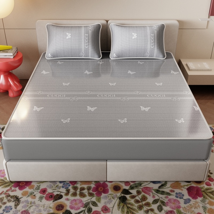 91家纺网 家纺一手货源 找家纺 好福居 2026新款A类冰感抑菌印花冰丝席凉席-床笠款-床席款 蝴蝶灰-床笠款