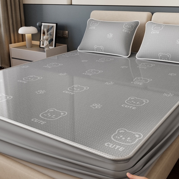 91家纺网 家纺一手货源 找家纺 好福居 2026新款A类冰感抑菌印花冰丝席凉席-床笠款-床席款 开心小熊灰-床笠款