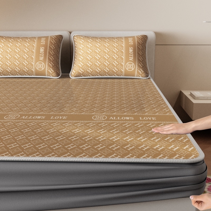 91家纺网 家纺一手货源 找家纺 好福居 2026新款A类冰感抑菌印花冰丝席凉席-床笠款-床席款 咖H-床笠款