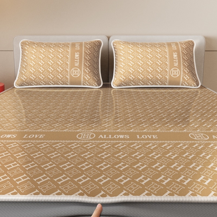 91家纺网 家纺一手货源 找家纺 好福居 2026新款A类冰感抑菌印花冰丝席凉席-床笠款-床席款 咖H-床笠款