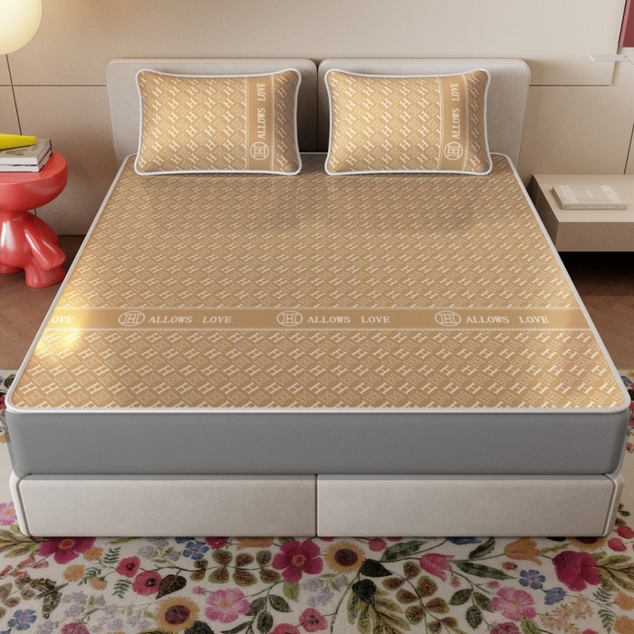 91家纺网 家纺一手货源 找家纺 好福居 2026新款A类冰感抑菌印花冰丝席凉席-床笠款-床席款 咖H-床笠款