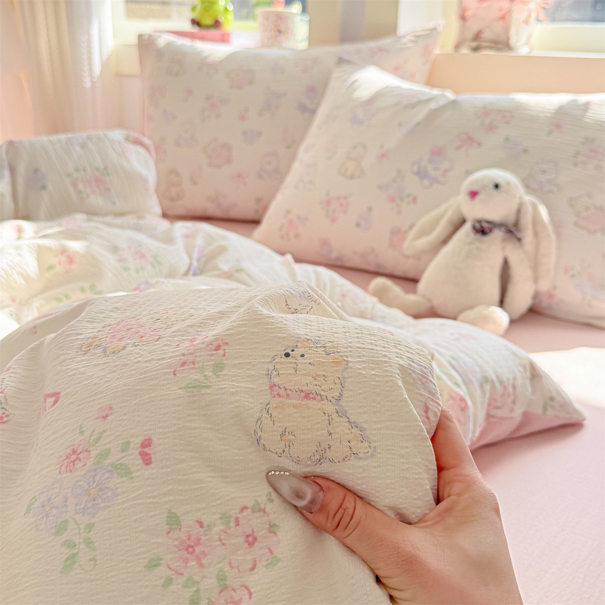 91家纺网 家纺一手货源 找家纺 名兮家居 2026新款A类皱皱纱四件套 美娜