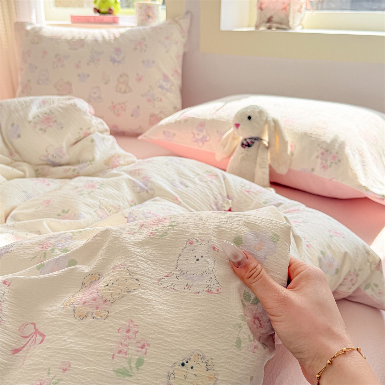 91家纺网 家纺一手货源 找家纺 名兮家居 2026新款A类皱皱纱四件套 美娜