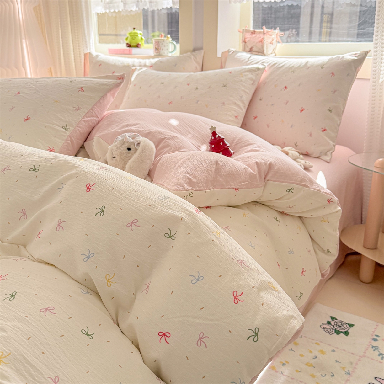 91家纺网 家纺一手货源 找家纺 名兮家居 2026新款A类皱皱纱四件套 彩色蝴蝶结