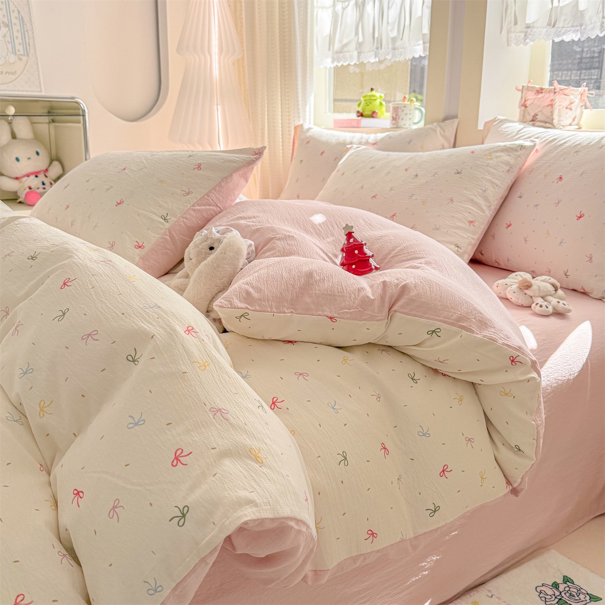 名兮家居 2026新款A类皱皱纱四件套 彩色蝴蝶结