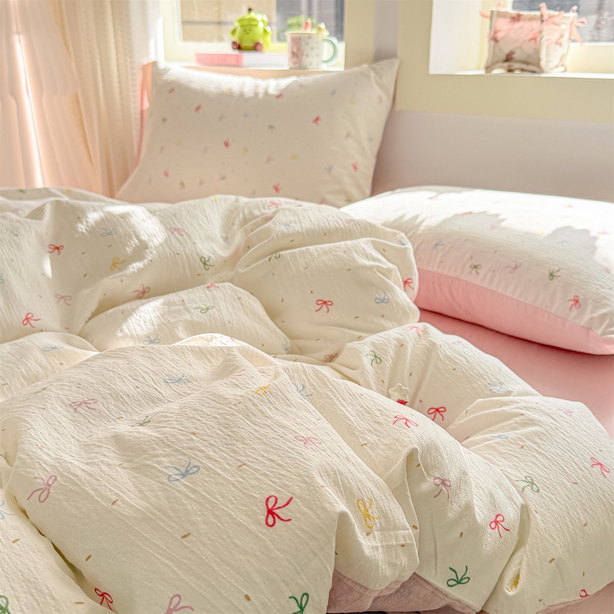 91家纺网 家纺一手货源 找家纺 名兮家居 2026新款A类皱皱纱四件套 彩色蝴蝶结