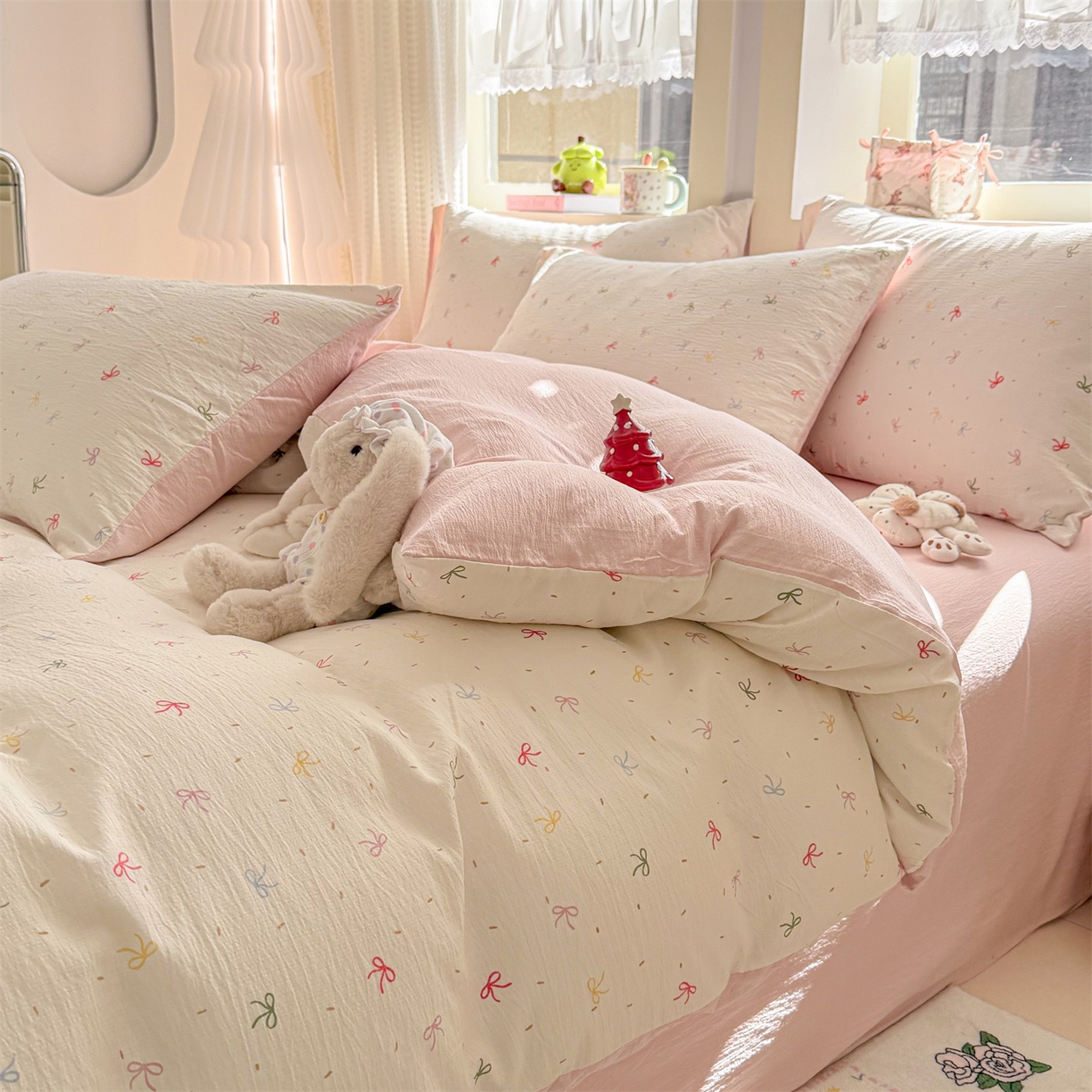 91家纺网 家纺一手货源 找家纺 名兮家居 2026新款A类皱皱纱四件套 彩色蝴蝶结