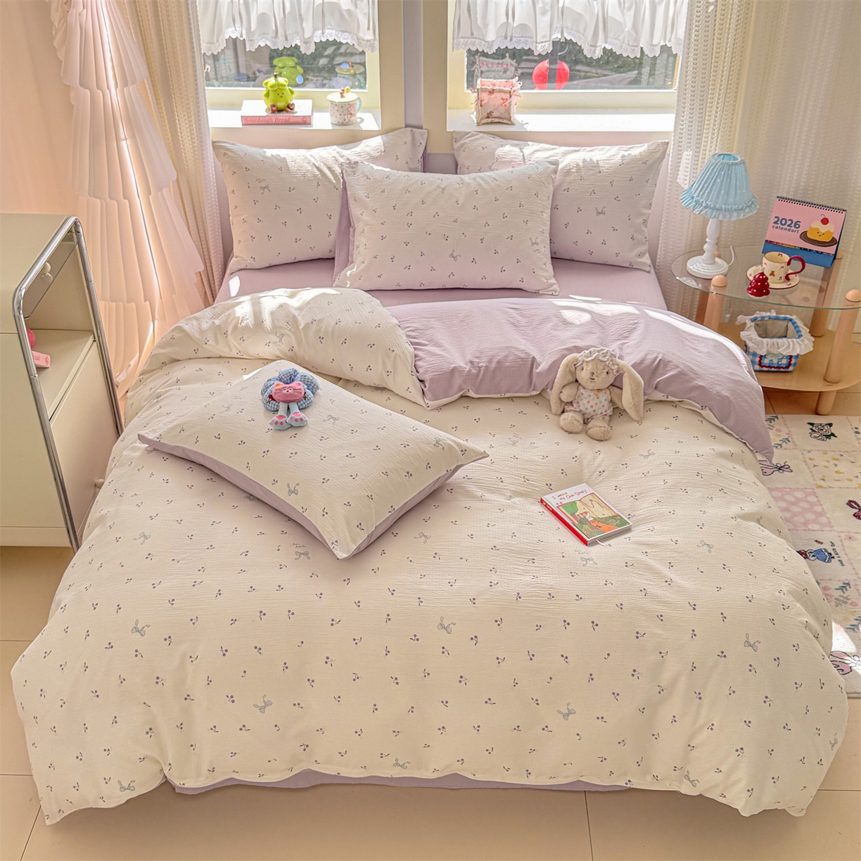 91家纺网 家纺一手货源 找家纺 名兮家居 2026新款A类皱皱纱四件套 紫樱桃