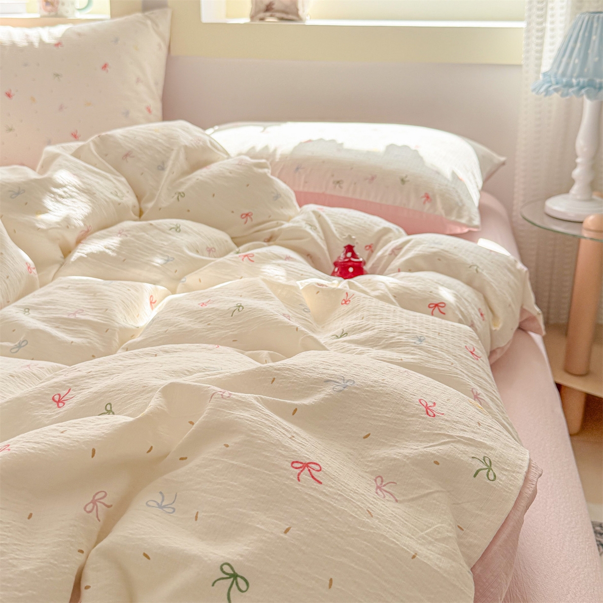 91家纺网 家纺一手货源 找家纺 名兮家居 2026新款A类皱皱纱四件套 彩色蝴蝶结