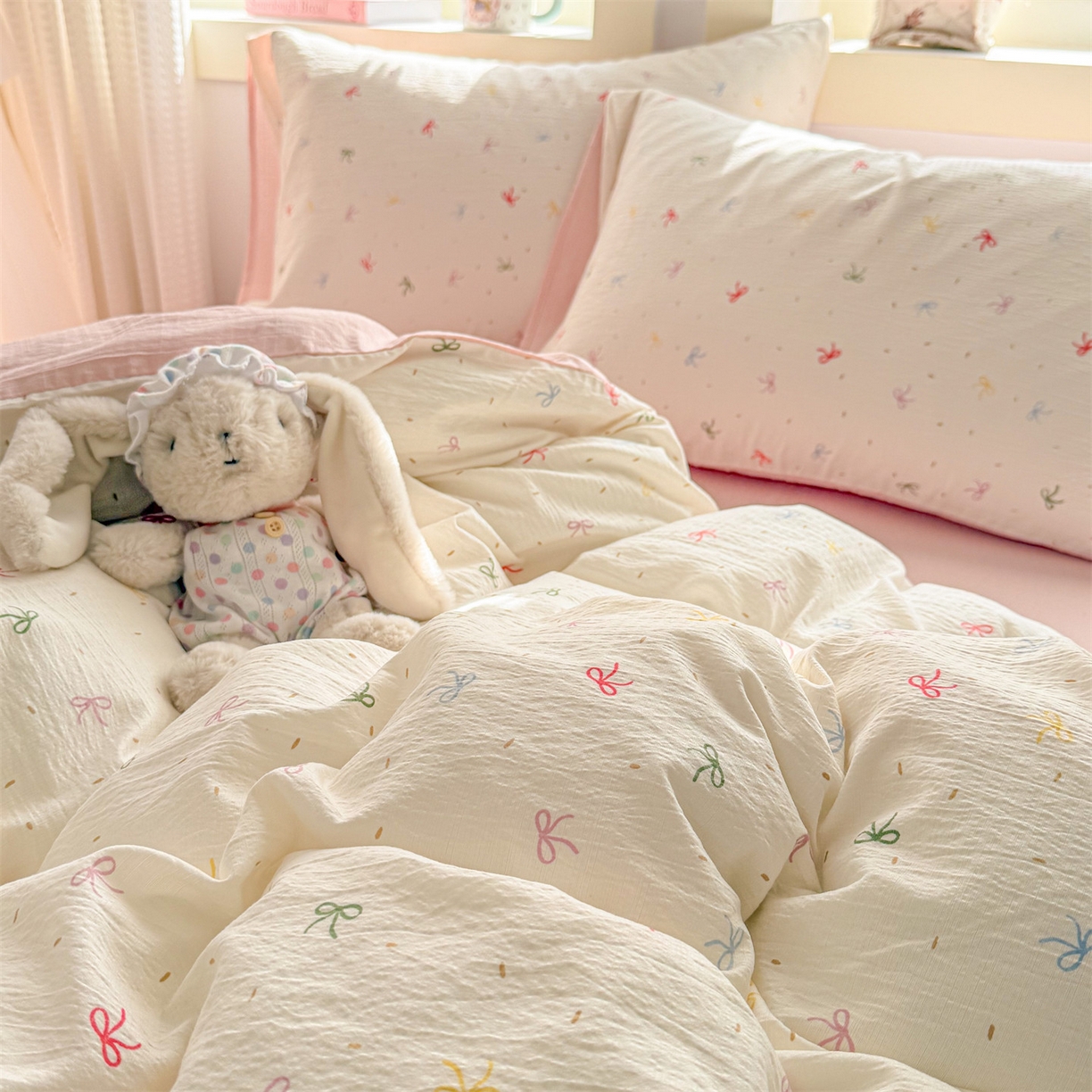 91家纺网 家纺一手货源 找家纺 名兮家居 2026新款A类皱皱纱四件套 彩色蝴蝶结