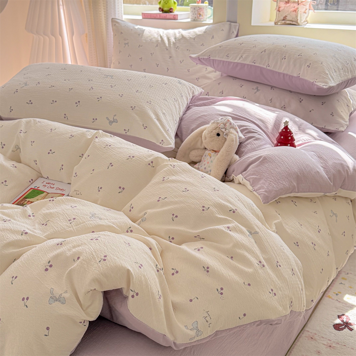 91家纺网 家纺一手货源 找家纺 名兮家居 2026新款A类皱皱纱四件套 紫樱桃