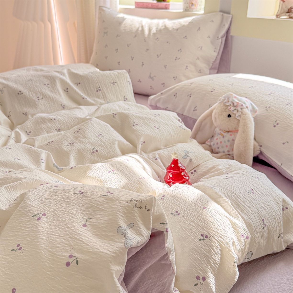 91家纺网 家纺一手货源 找家纺 名兮家居 2026新款A类皱皱纱四件套 紫樱桃