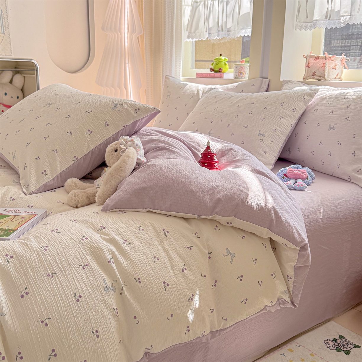 91家纺网 家纺一手货源 找家纺 名兮家居 2026新款A类皱皱纱四件套 紫樱桃