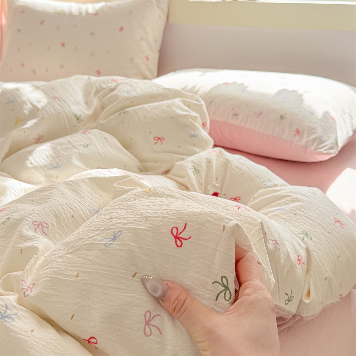 91家纺网 家纺一手货源 找家纺 名兮家居 2026新款A类皱皱纱四件套 彩色蝴蝶结