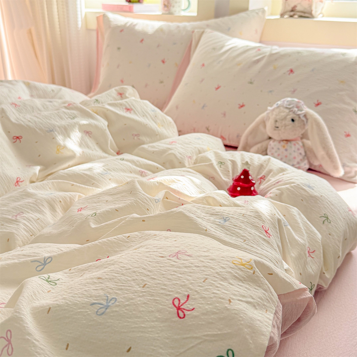 91家纺网 家纺一手货源 找家纺 名兮家居 2026新款A类皱皱纱四件套 彩色蝴蝶结