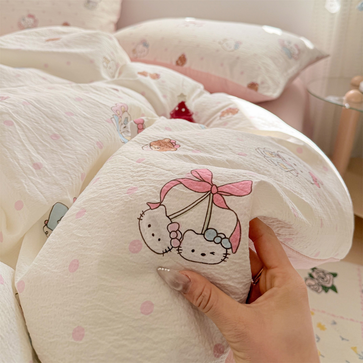 91家纺网 家纺一手货源 找家纺 名兮家居 2026新款A类皱皱纱四件套 天使猫咪