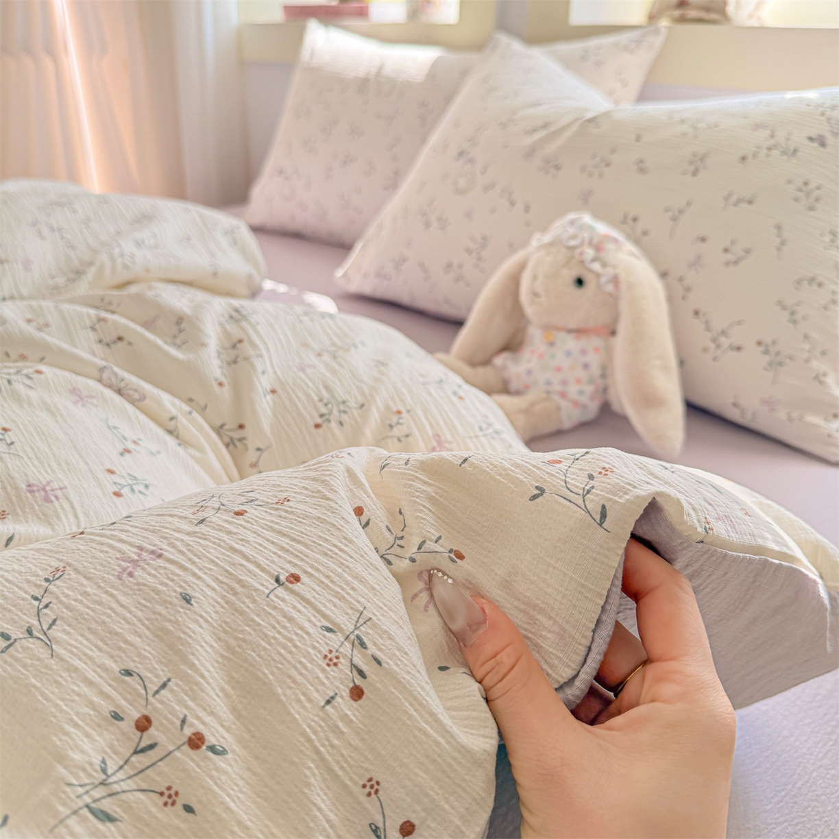 91家纺网 家纺一手货源 找家纺 名兮家居 2026新款A类皱皱纱四件套 蜜芽兔