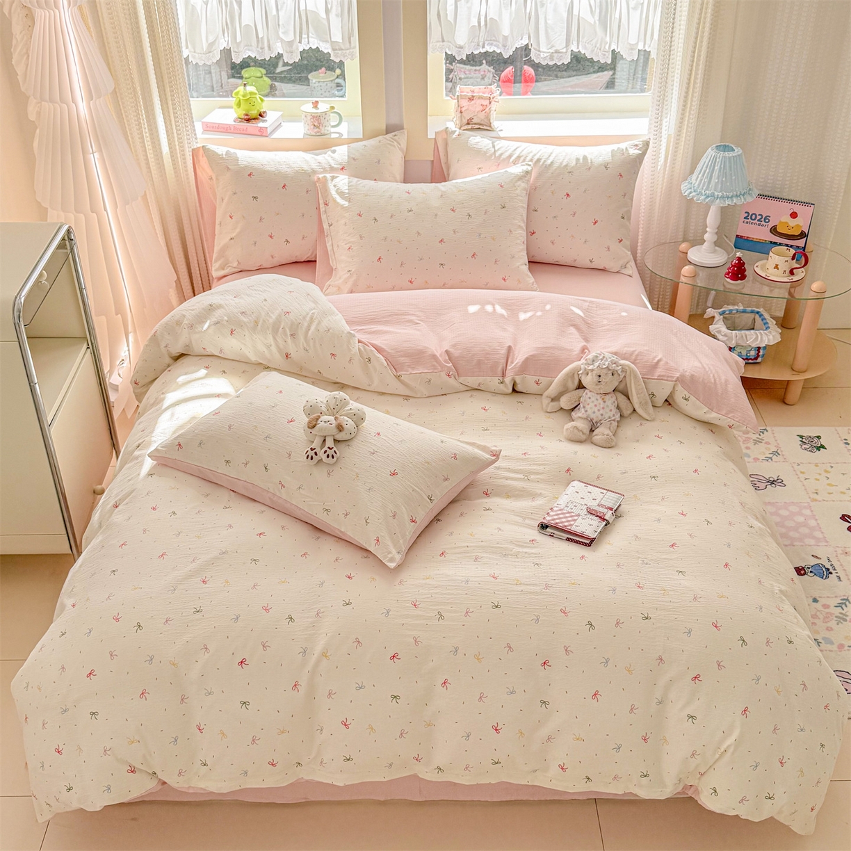 91家纺网 家纺一手货源 找家纺 名兮家居 2026新款A类皱皱纱四件套 彩色蝴蝶结