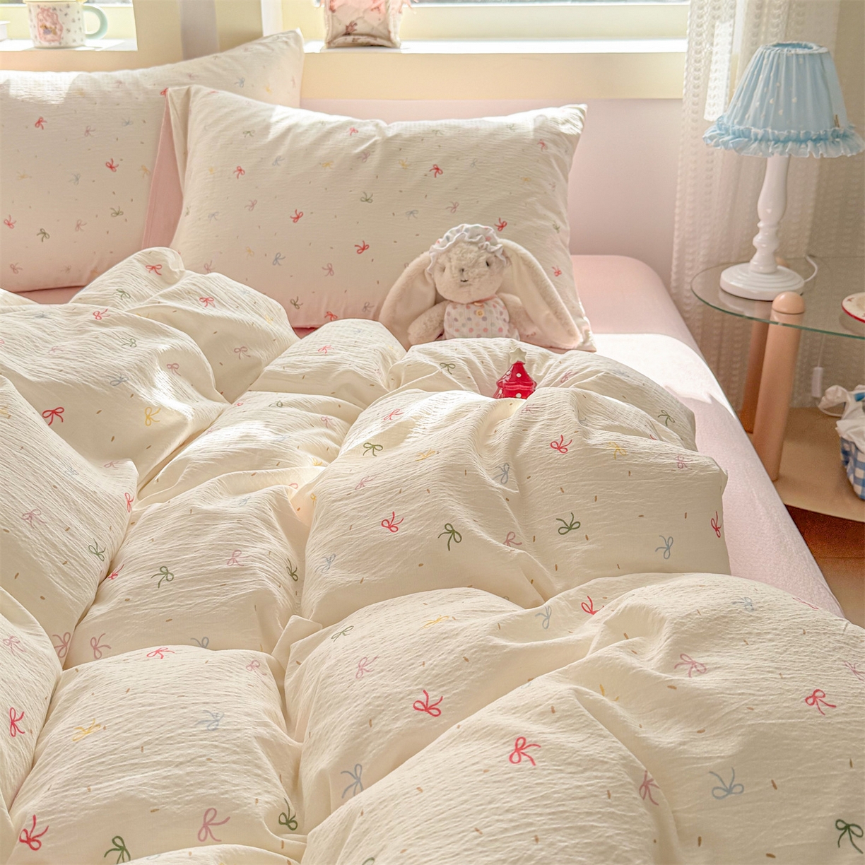 91家纺网 家纺一手货源 找家纺 名兮家居 2026新款A类皱皱纱四件套 彩色蝴蝶结