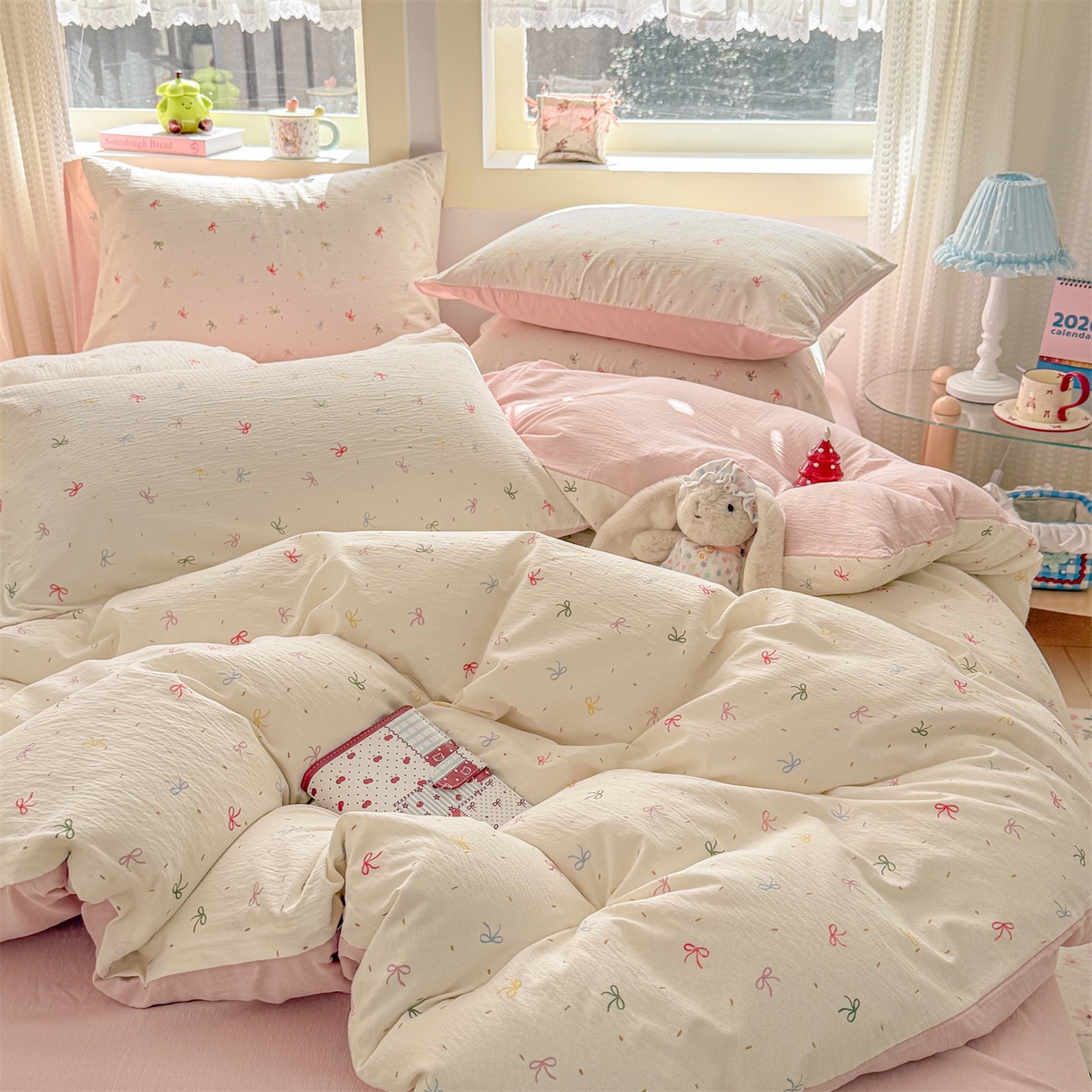 91家纺网 家纺一手货源 找家纺 名兮家居 2026新款A类皱皱纱四件套 彩色蝴蝶结