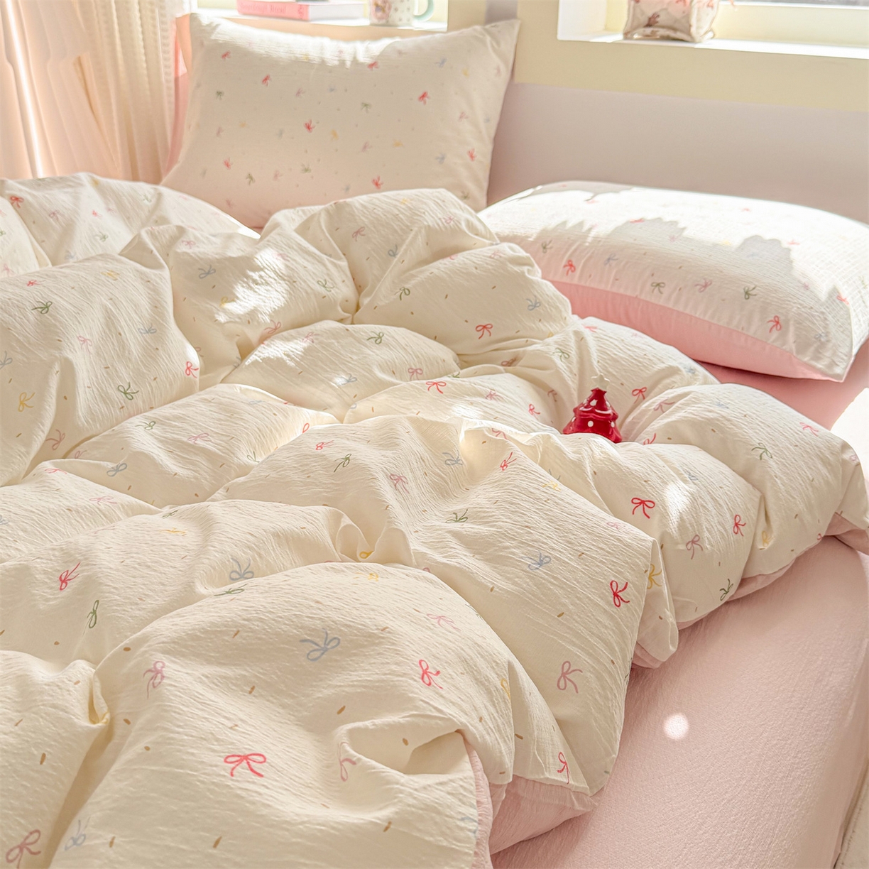 91家纺网 家纺一手货源 找家纺 名兮家居 2026新款A类皱皱纱四件套 彩色蝴蝶结