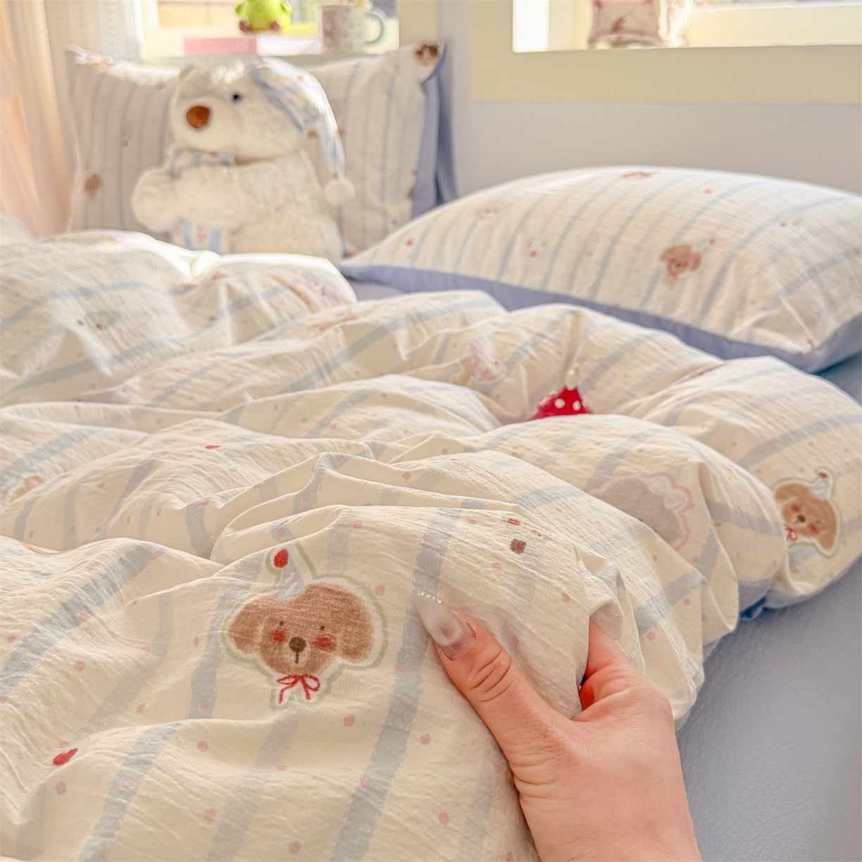 91家纺网 家纺一手货源 找家纺 名兮家居 2026新款A类皱皱纱四件套 蓝条日记